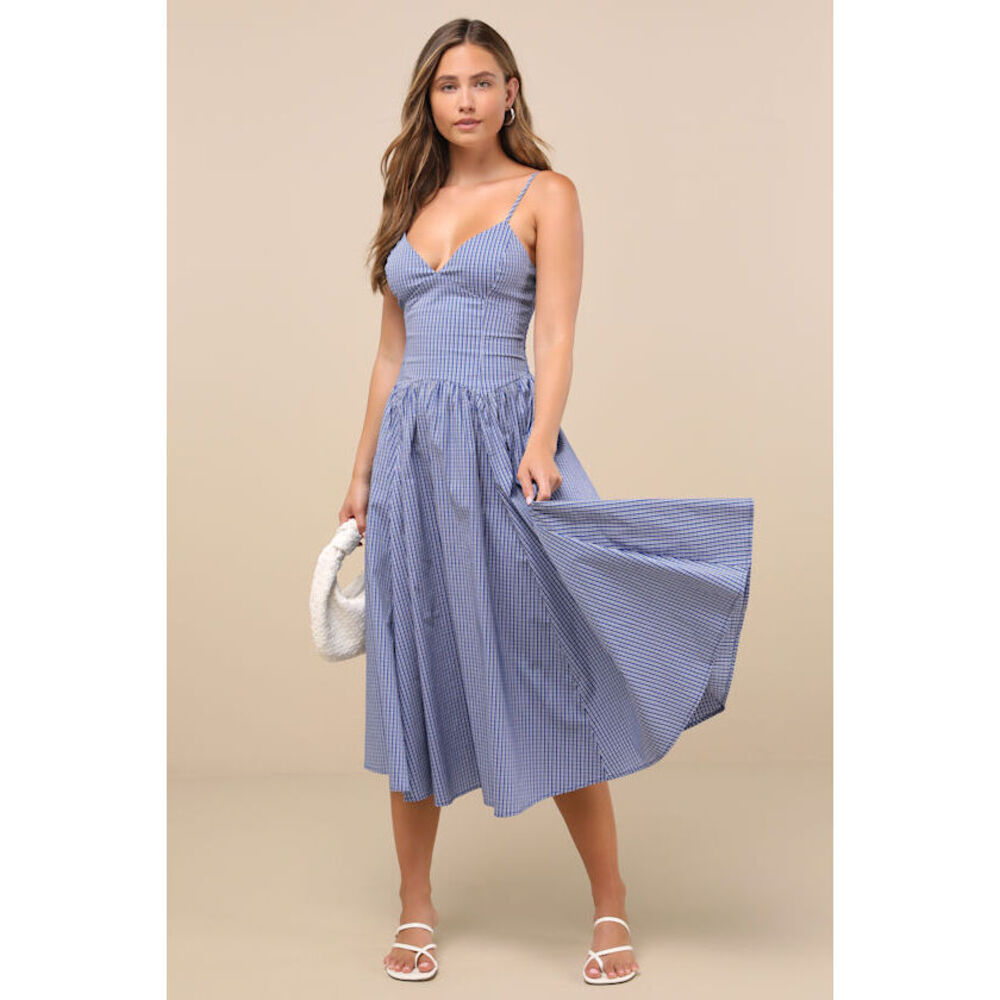 Lulus Carlota Blue Gingham Sleeveless Midi Dress - Size XS